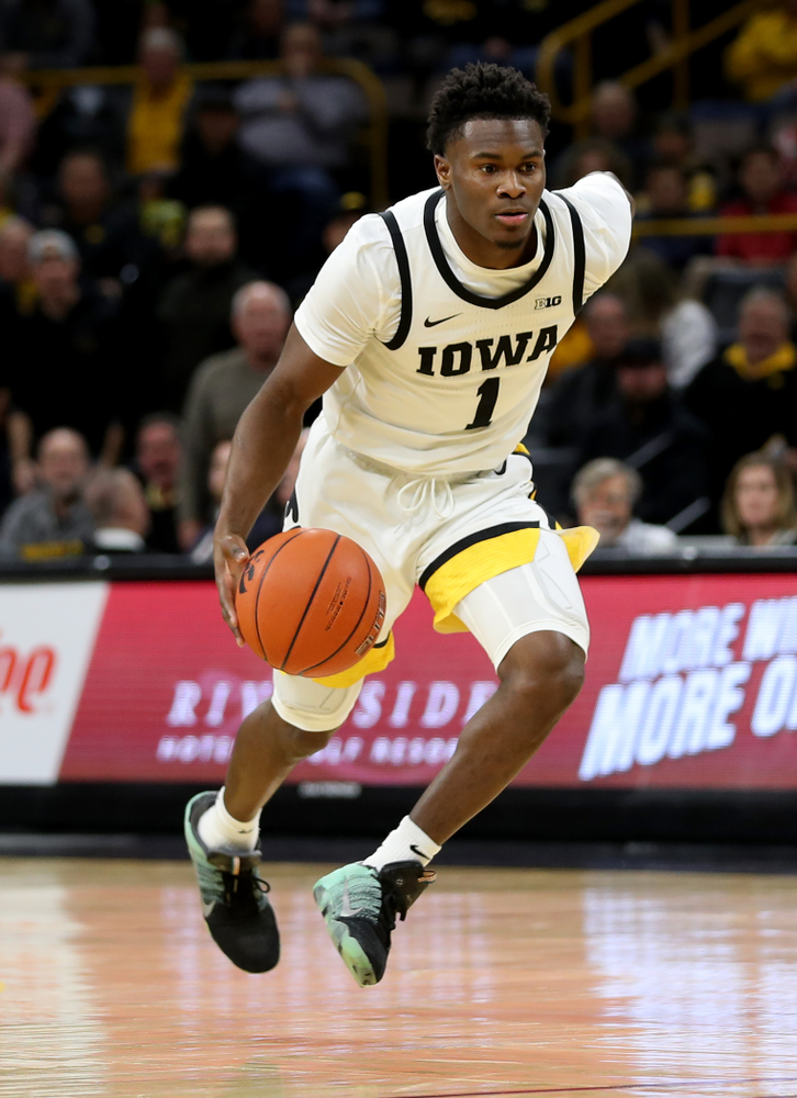 Iowa Hawkeyes guard Joe Toussaint (1) against the Maryland Terrapins Friday, January 10, 2020 at Carver-Hawkeye Arena. (Brian Ray/hawkeyesports.com)