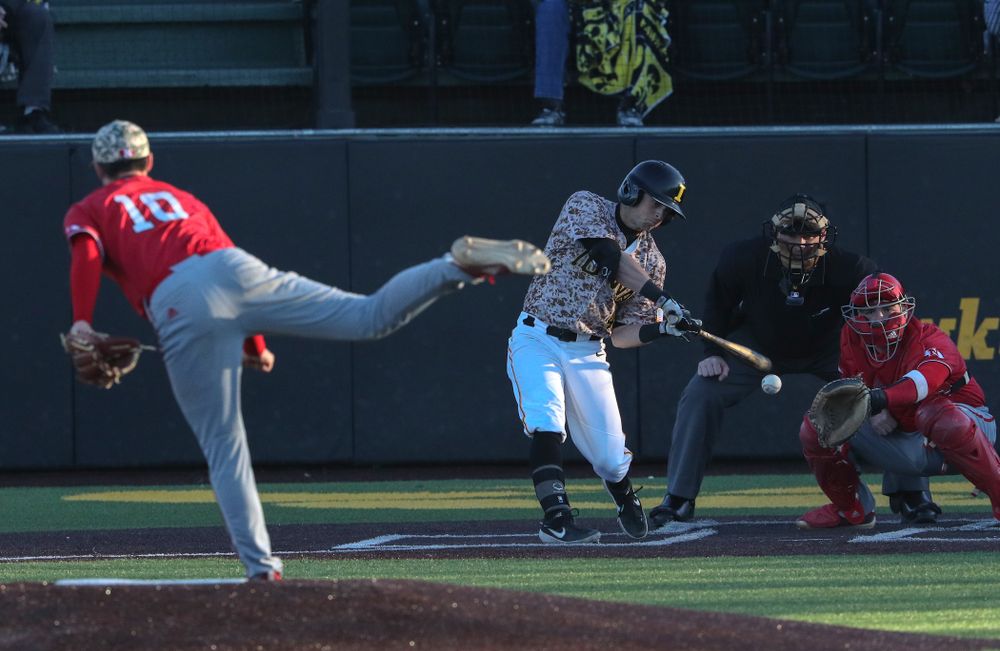 Iowa Hawkeyes infielder Mitchell Boe (4) against the Nebraska Cornhuskers on Military Appreciation Night Friday, April 19, 2019 at Duane Banks Field. (Brian Ray/hawkeyesports.com)