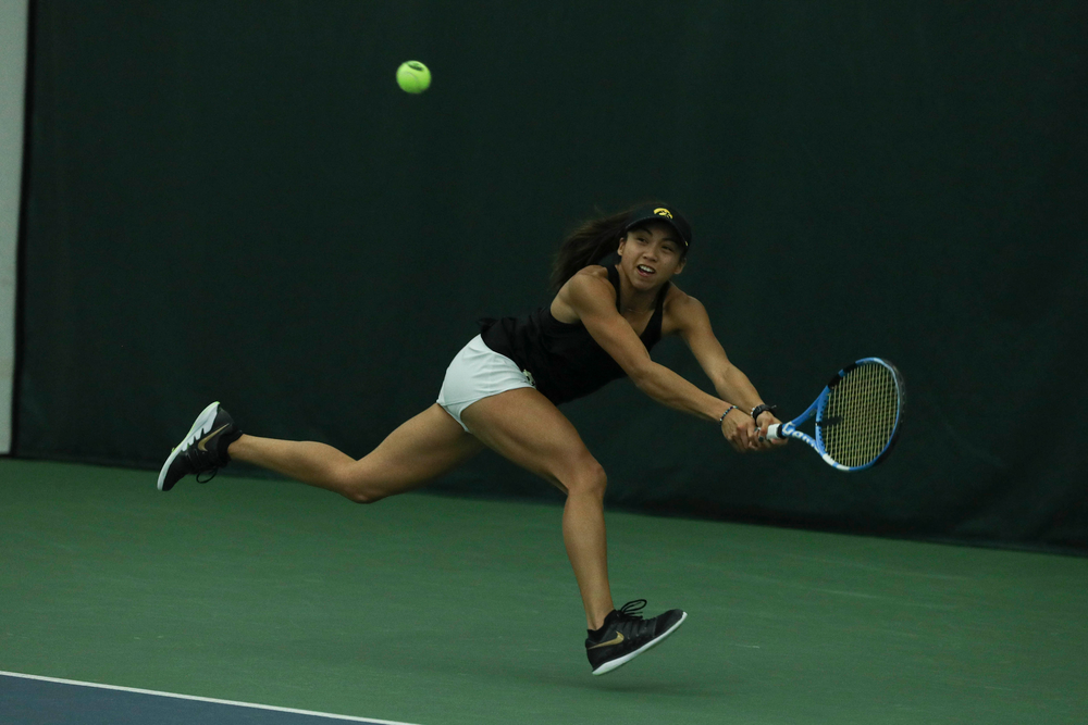 Iowa’s Michelle Bacalla returns a hit during the Iowa women’s tennis meet vs DePaul on Friday, February 21, 2020 at the Hawkeye Tennis and Recreation Complex. (Lily Smith/hawkeyesports.com)