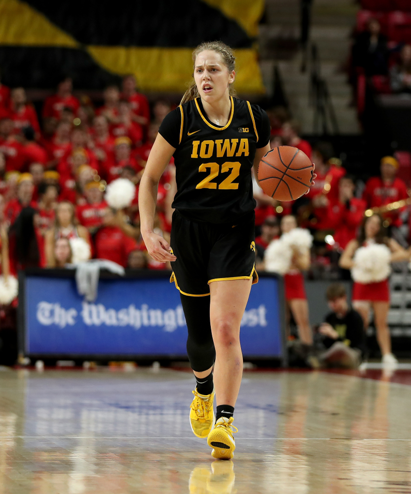 Iowa Hawkeyes guard Kathleen Doyle (22) against the Maryland Terrapins Thursday, February 13, 2020 at the Xfinity Center in College Park, MD. (Brian Ray/hawkeyesports.com)