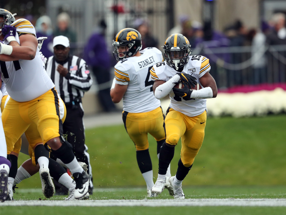 Iowa Hawkeyes running back Tyler Goodson (15) against the Northwestern Wildcats Saturday, October 26, 2019 at Ryan Field in Evanston, Ill. (Brian Ray/hawkeyesports.com)