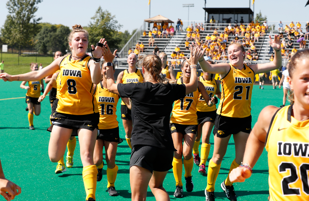Iowa Hawkeyes Nikki Freeman (8) and Makenna Maguire (21) before their game against Indiana Sunday, September 16, 2018 at Grant Field. (Brian Ray/hawkeyesports.com)