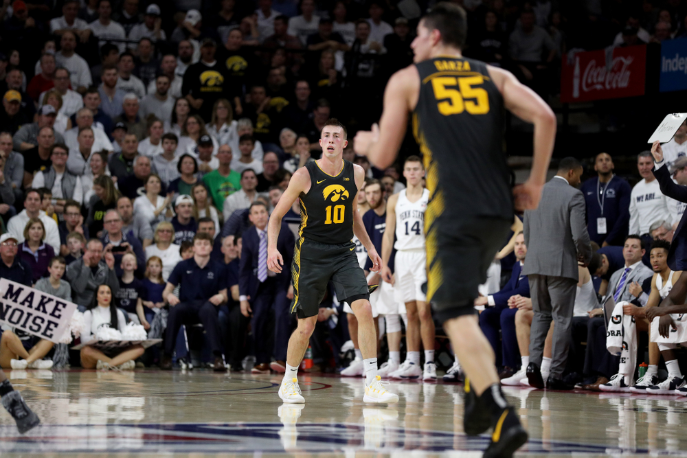 Iowa Hawkeyes guard Joe Wieskamp (10 celebrates a three point basket against Penn State Saturday, January 4, 2020 at the Palestra in Philadelphia. (Brian Ray/hawkeyesports.com)