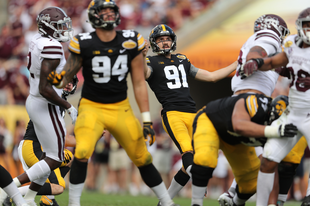 Iowa Hawkeyes place kicker Miguel Recinos (91) during their Outback Bowl Tuesday, January 1, 2019 at Raymond James Stadium in Tampa, FL. (Brian Ray/hawkeyesports.com)
