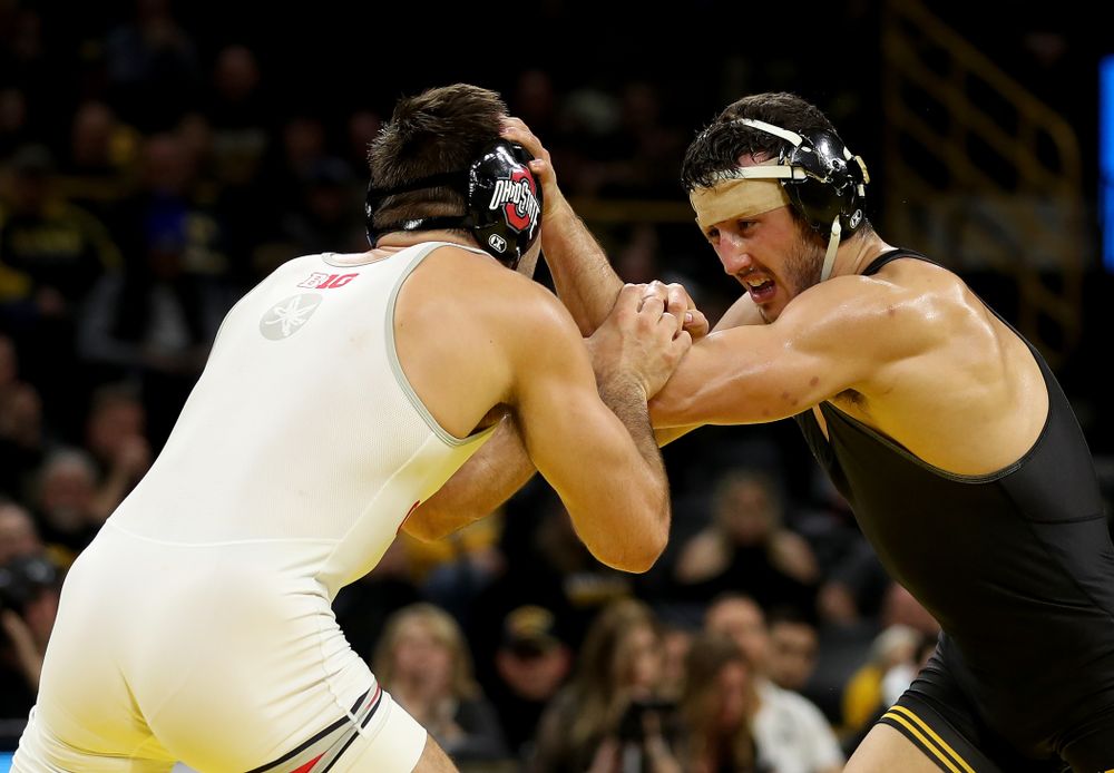 Iowa’s Michael Kemerer wrestles Ohio State’s Kaleb Romero at 174 pounds Friday, January 24, 2020 at Carver-Hawkeye Arena. Kemerer won the match 7-1. (Brian Ray/hawkeyesports.com)