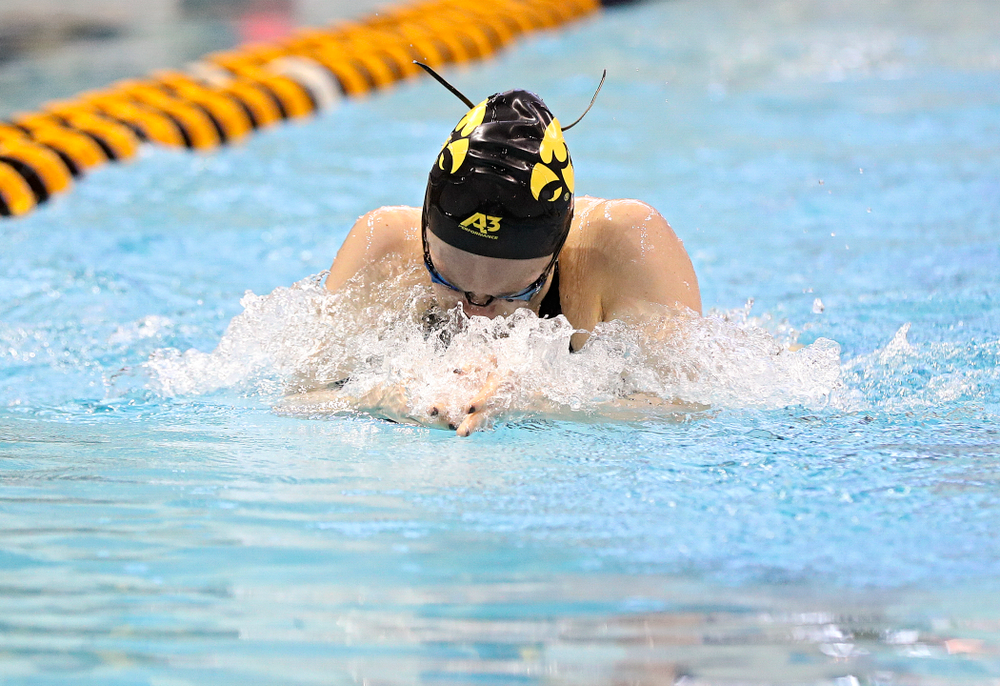 Iowa’s Lexi Horner swims in the women’s 100 yard breaststroke time trial event during the 2020 Women’s Big Ten Swimming and Diving Championships at the Campus Recreation and Wellness Center in Iowa City on Saturday, February 22, 2020. (Stephen Mally/hawkeyesports.com)