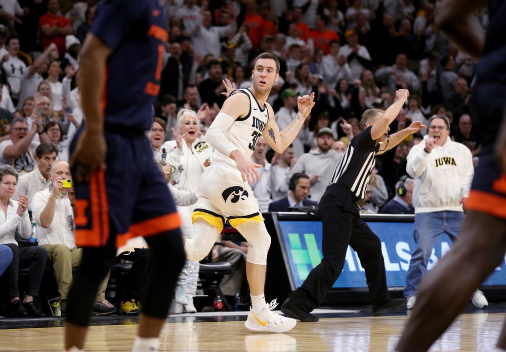Iowa Hawkeyes guard Connor McCaffery (30) knocks down a three point basket against the Illinois Fighting Illini Sunday, February 2, 2020 at Carver-Hawkeye Arena. (Brian Ray/hawkeyesports.com)