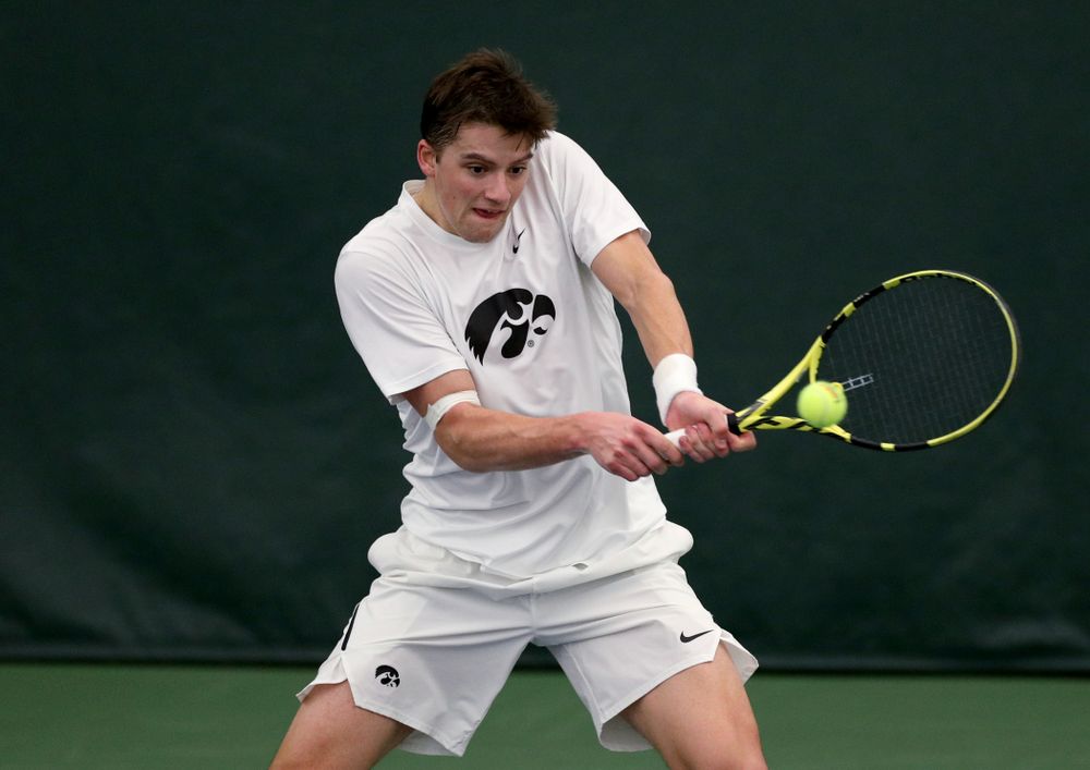 Iowa’s Joe Tyler against Cornell Sunday, March 8, 2020 at the Hawkeye Tennis and Recreation Center. (Brian Ray/hawkeyesports.com)
