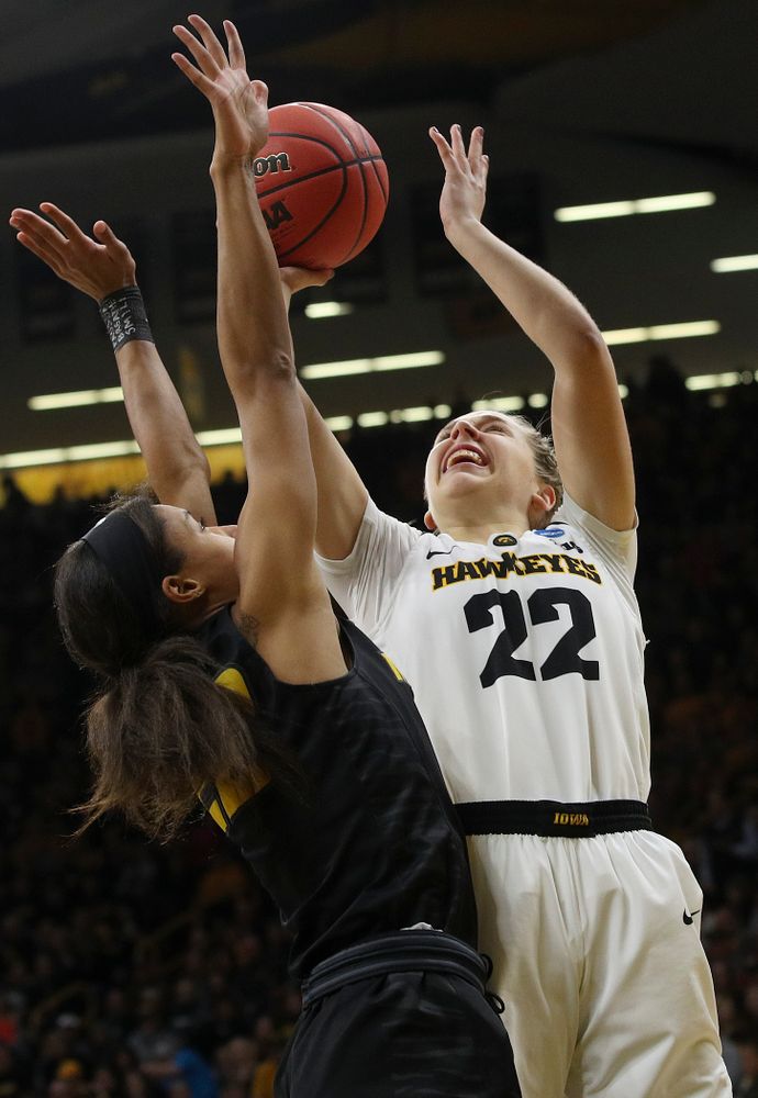 Iowa Hawkeyes guard Kathleen Doyle (22) makes a basket during the first quarter of their second round game in the 2019 NCAA Women's Basketball Tournament at Carver Hawkeye Arena in Iowa City on Sunday, Mar. 24, 2019. (Stephen Mally for hawkeyesports.com)