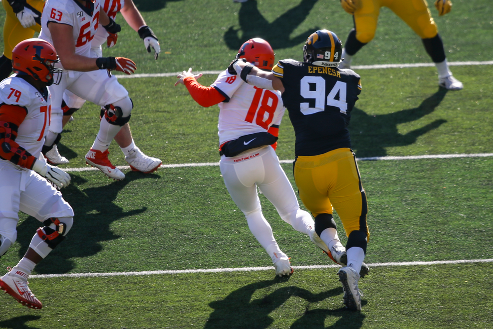 Iowa Hawkeyes defensive end A.J. Epenesa (94) during Iowa football vs Illinois on Saturday, November 23, 2019 at Kinnick Stadium. (Lily Smith/hawkeyesports.com)