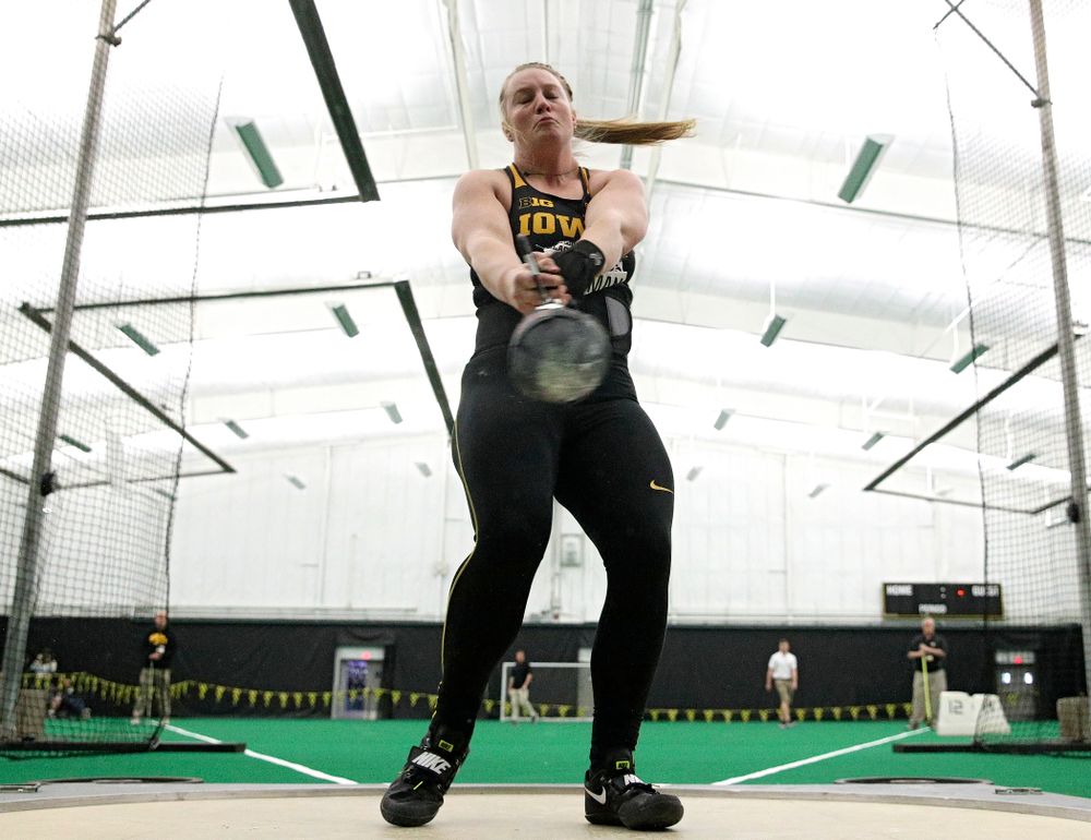 Iowa’s Allison Wahrman throws during the women’s weight throw event at the Hawkeye Tennis and Recreation Complex in Iowa City on Friday, January 31, 2020. (Stephen Mally/hawkeyesports.com)
