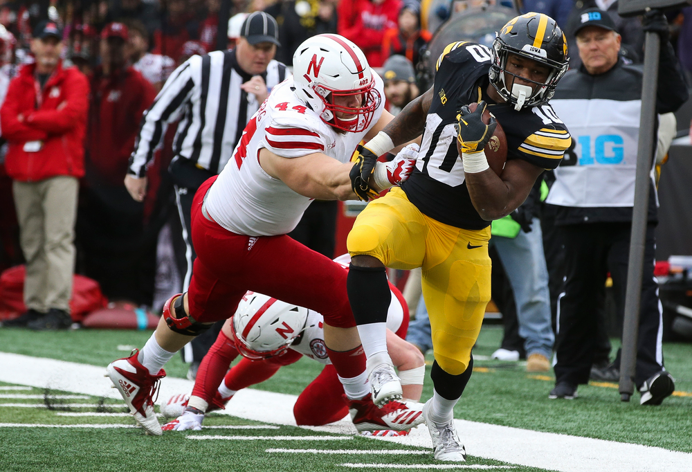 Iowa Hawkeyes running back Mekhi Sargent (10) runs the ball during a game against Nebraska at Kinnick Stadium on November 23, 2018. (Tork Mason/hawkeyesports.com)