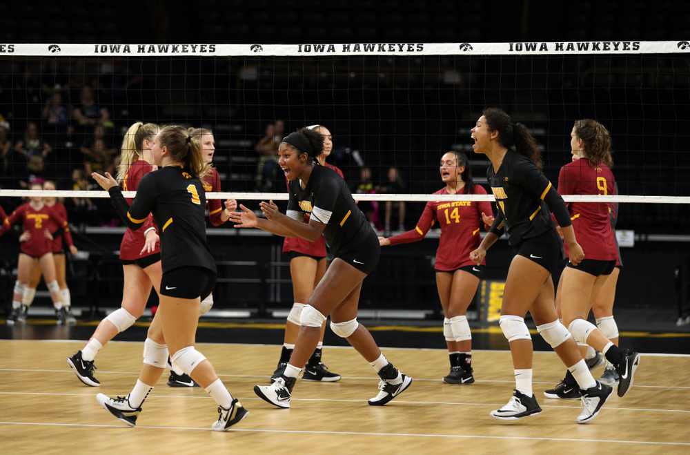 Iowa Hawkeyes middle blocker Amiya Jones (9) celebrates a point against the Iowa State Cyclones Saturday, September 21, 2019 during the Iowa Corn Cy-Hawk Series Tournament at Carver-Hawkeye Arena. (Brian Ray/hawkeyesports.com)