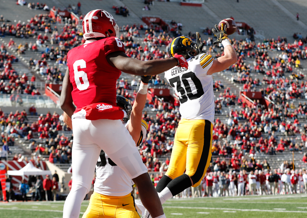 Iowa Hawkeyes defensive back Jake Gervase (30) against the Indiana Hoosiers Saturday, October 13, 2018 at Memorial Stadium, in Bloomington, Ind. (Brian Ray/hawkeyesports.com)