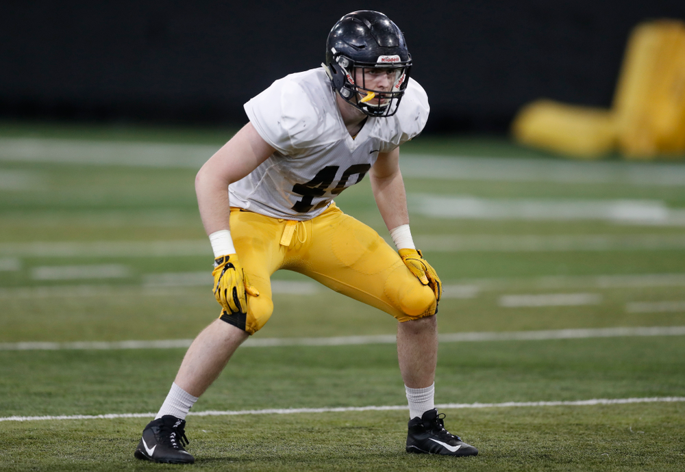 Iowa Hawkeyes linebacker Nick Niemann (49) during spring practice Thursday, March 29, 2018 at the Hansen Football Performance Center. (Brian Ray/hawkeyesports.com)
