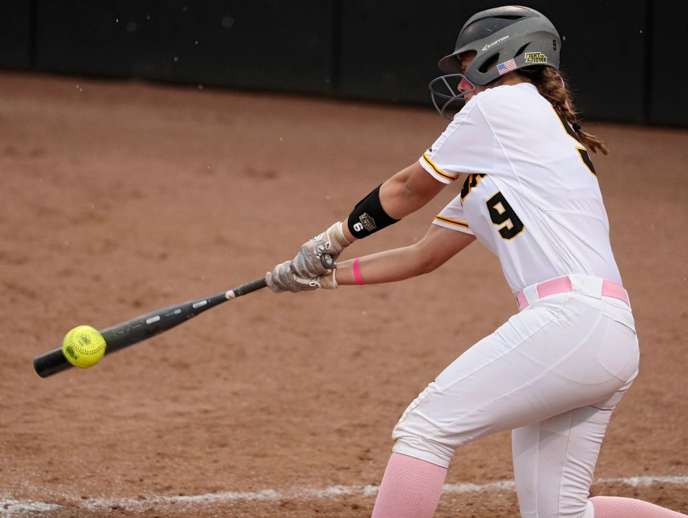 Iowa catcher Abby Lien (9) bats during the third inning of their game against Iowa State at Pearl Field in Iowa City on Tuesday, Apr. 9, 2019. (Stephen Mally/hawkeyesports.com)