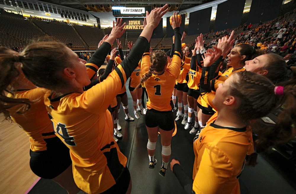 Iowa’s Joslyn Boyer (1) is introduced before their match at Carver-Hawkeye Arena in Iowa City on Sunday, Oct 20, 2019. (Stephen Mally/hawkeyesports.com)