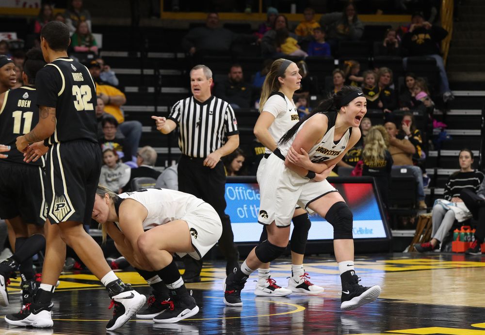 Iowa Hawkeyes forward Megan Gustafson (10) reacts after being called for a foul against the Purdue Boilermakers Sunday, January 27, 2019 at Carver-Hawkeye Arena. (Brian Ray/hawkeyesports.com)