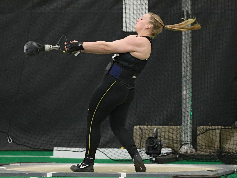 Iowa’s Allison Wahrman throws in the women’s weight throw event during the Larry Wieczorek Invitational at the Hawkeye Tennis and Recreation Complex in Iowa City on Friday, January 17, 2020. (Stephen Mally/hawkeyesports.com)