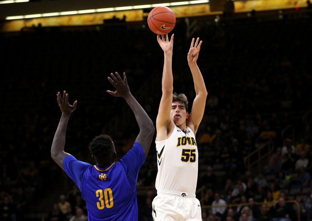 Iowa Hawkeyes forward Luka Garza (55) against the UKMC Kangaroos in the 2K Empire Classic Thursday, November 8, 2018 at Carver-Hawkeye Arena. (Brian Ray/hawkeyesports.com)