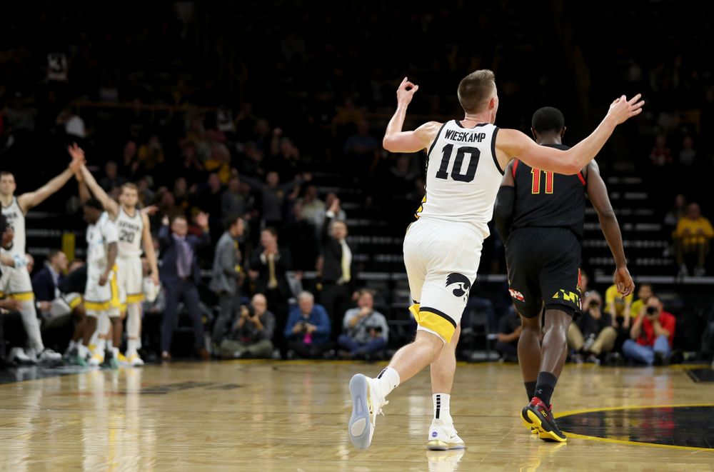 Iowa Hawkeyes guard Joe Wieskamp (10) celebrates a three point basket against the Maryland Terrapins Friday, January 10, 2020 at Carver-Hawkeye Arena. (Brian Ray/hawkeyesports.com)