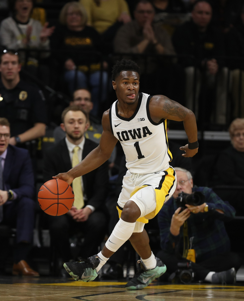 Iowa Hawkeyes guard Joe Toussaint (1) against the Purdue Boilermakers Tuesday, March 3, 2020 at Carver-Hawkeye Arena. (Brian Ray/hawkeyesports.com)