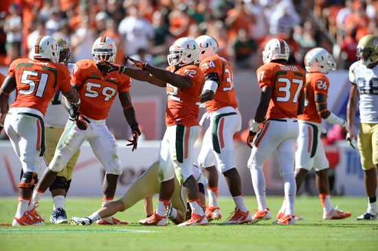 University of Miami Hurricanes linebacker Denzel Perryman #52 plays in a game against the Georgia Tech Yellow Jackets at Sun Life Stadium on October...