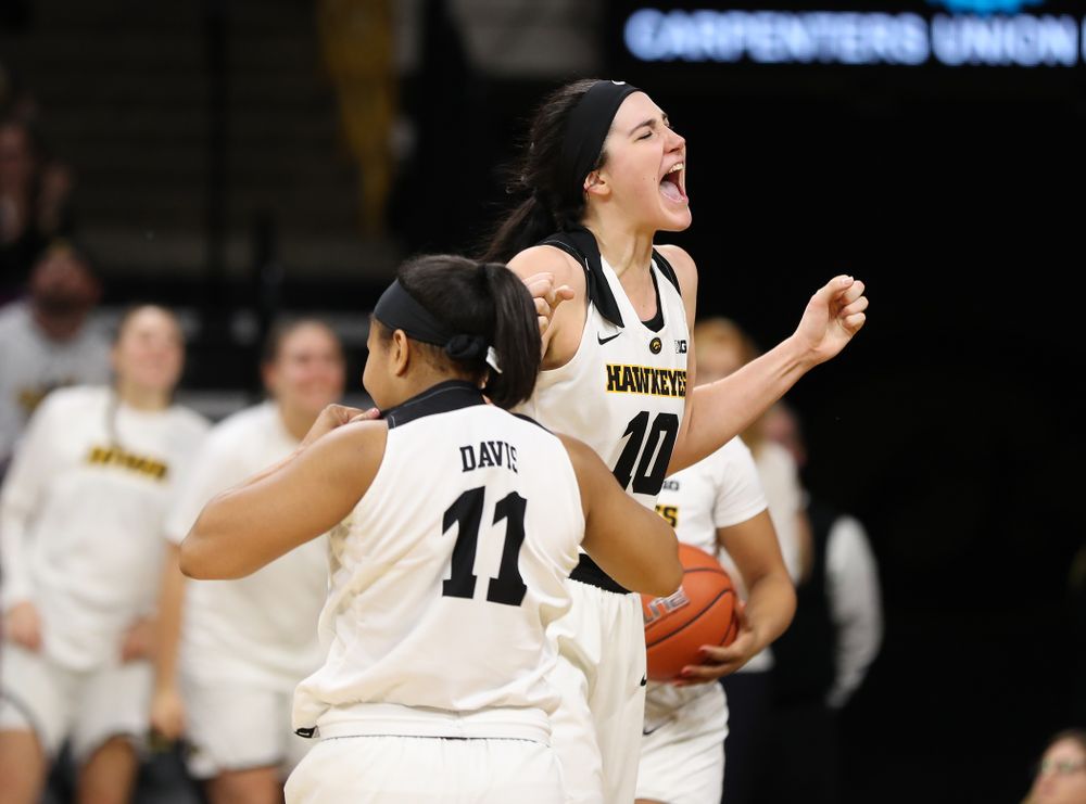 Iowa Hawkeyes forward Megan Gustafson (10) celebrates following a play against the Nebraska Cornhuskers Thursday, January 3, 2019 at Carver-Hawkeye Arena. (Brian Ray/hawkeyesports.com)