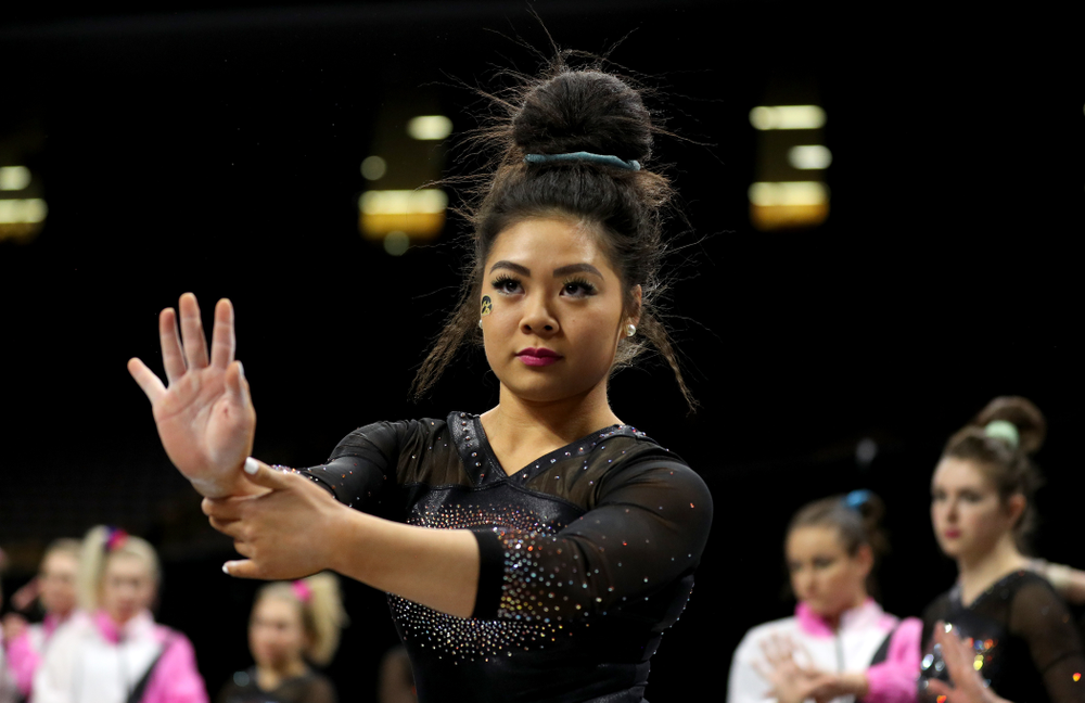 Iowa’s Claire Kaji competes on the floor against Michigan Friday, February 14, 2020 at Carver-Hawkeye Arena. (Brian Ray/hawkeyesports.com)