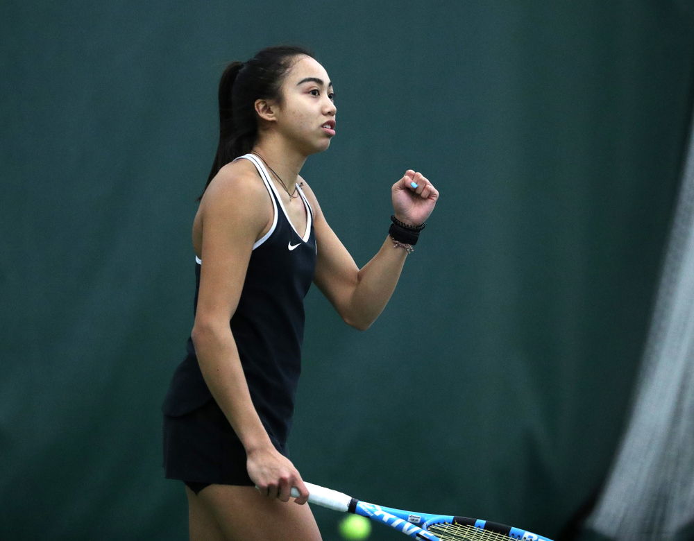 Iowa's Michelle Bacalla and Cloe Ruettte play a doubles match against the Penn State Nittany Lions Sunday, February 24, 2019 at the Hawkeye Tennis and Recreation Complex. (Brian Ray/hawkeyesports.com)