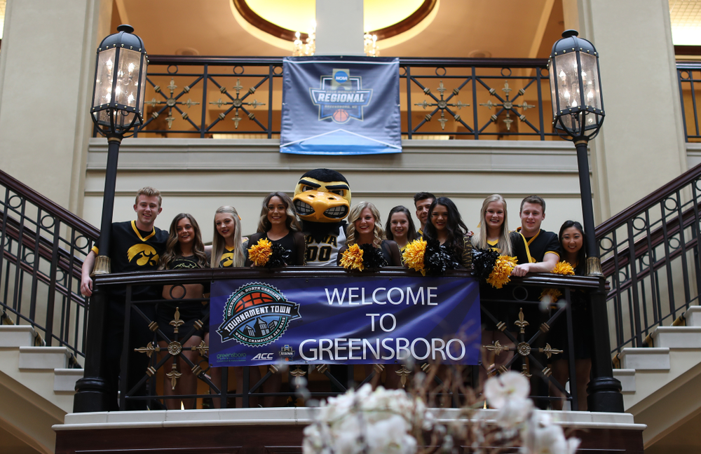 The Iowa Spirit Squad during a send off at the hotel before their game against the NC State Wolfpack in the regional semi-final of the 2019 NCAA Women's College Basketball Tournament Saturday, March 30, 2019 at Greensboro Coliseum in Greensboro, NC.(Brian Ray/hawkeyesports.com)