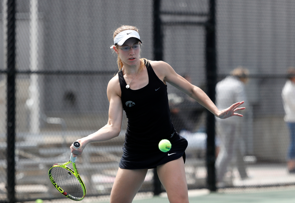 Iowa's Montana Crawford against the Wisconsin Badgers Sunday, April 22, 2018 at the Hawkeye Tennis and Recreation Center. (Brian Ray/hawkeyesports.com)