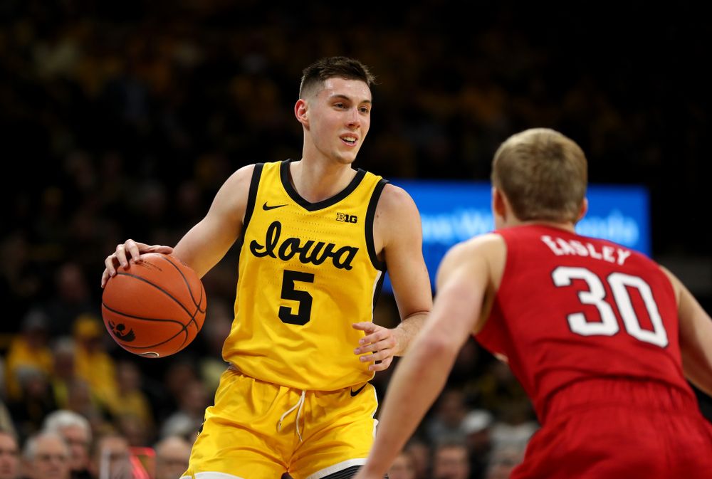 Iowa Hawkeyes guard CJ Fredrick (5) against the Nebraska Cornhuskers Saturday, February 8, 2020 at Carver-Hawkeye Arena. (Brian Ray/hawkeyesports.com)