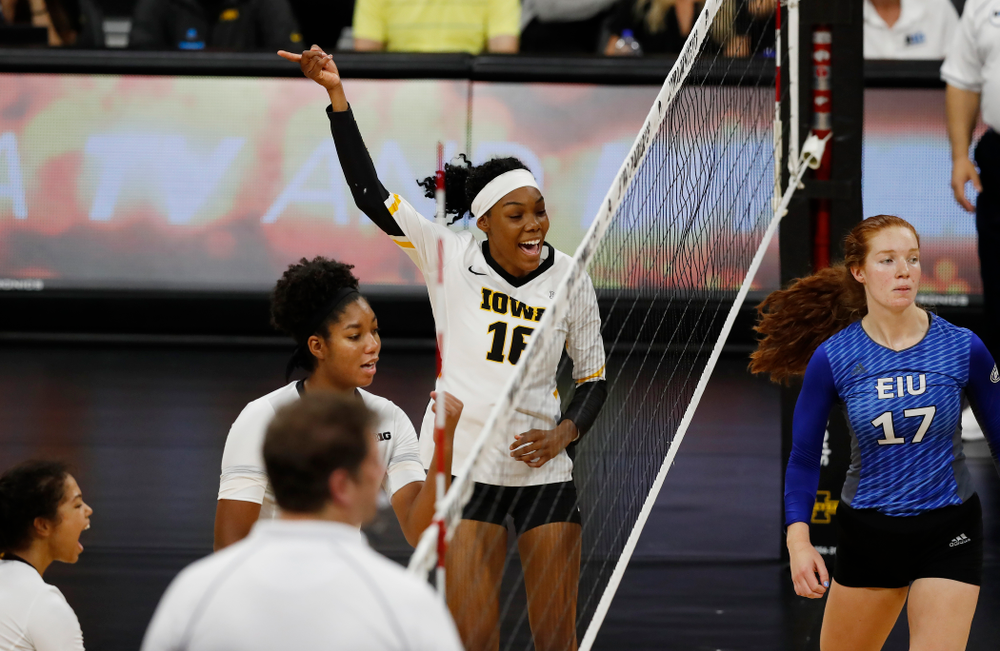 Iowa Hawkeyes outside hitter Taylor Louis (16) against Eastern Illinois Sunday, September 9, 2018 at Carver-Hawkeye Arena. (Brian Ray/hawkeyesports.com)
