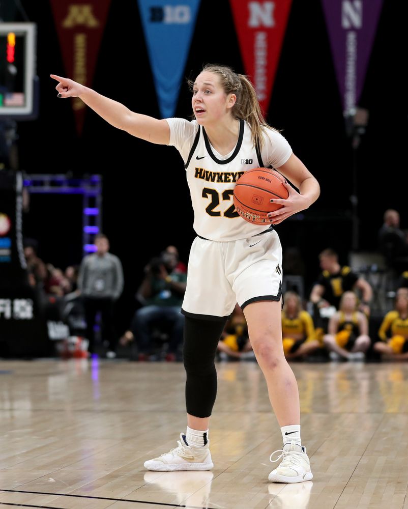 Iowa Hawkeyes guard Kathleen Doyle (22) against Ohio State in the quarterfinals of the Big Ten Basketball Tournament Friday, March 6, 2020 at Bankers Life Fieldhouse in Indianapolis. (Brian Ray/hawkeyesports.com)