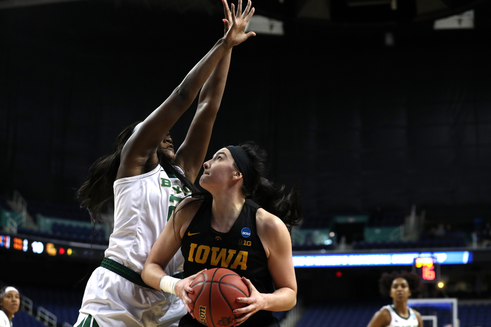 Iowa Hawkeyes forward Megan Gustafson (10) against the Baylor Lady Bears in the regional final of the 2019 NCAA Women's College Basketball Tournament Monday, April 1, 2019 at Greensboro Coliseum in Greensboro, NC.(Brian Ray/hawkeyesports.com)