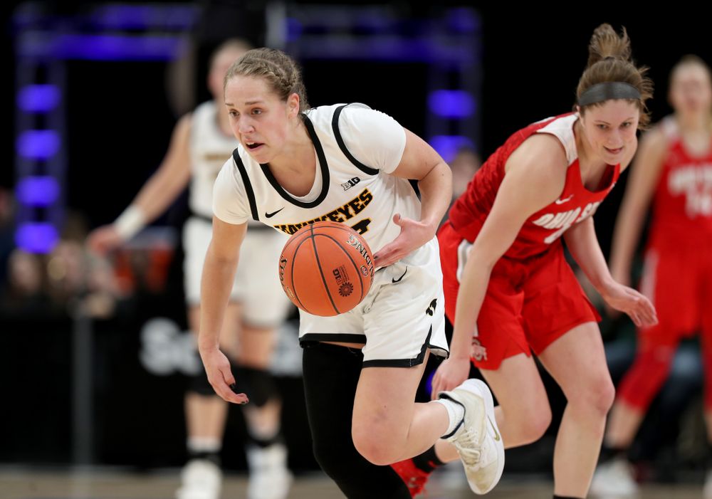 Iowa Hawkeyes guard Kathleen Doyle (22) against Ohio State in the quarterfinals of the Big Ten Basketball Tournament Friday, March 6, 2020 at Bankers Life Fieldhouse in Indianapolis. (Brian Ray/hawkeyesports.com)