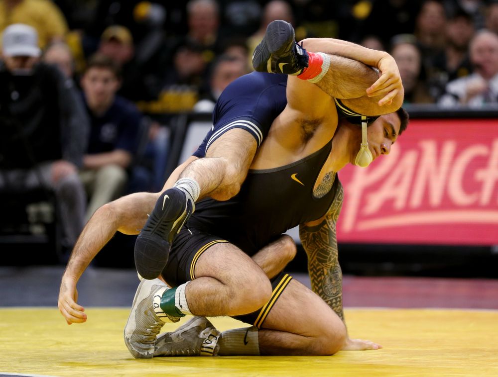 Iowa’s Pat Lugo wrestles Penn State’s Jarod Verkleeren at 149 pounds Friday, January 31, 2020 at Carver-Hawkeye Arena. Lugo defeated Verkleeren 6-1. (Brian Ray/hawkeyesports.com)