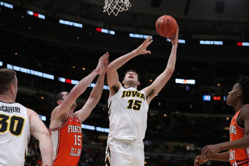 Iowa Hawkeyes forward Ryan Kriener (15) against the Illinois Fighting Illini in the 2019 Big Ten Men's Basketball Tournament Thursday, March 14, 2019 at the United Center in Chicago. (Brian Ray/hawkeyesports.com)