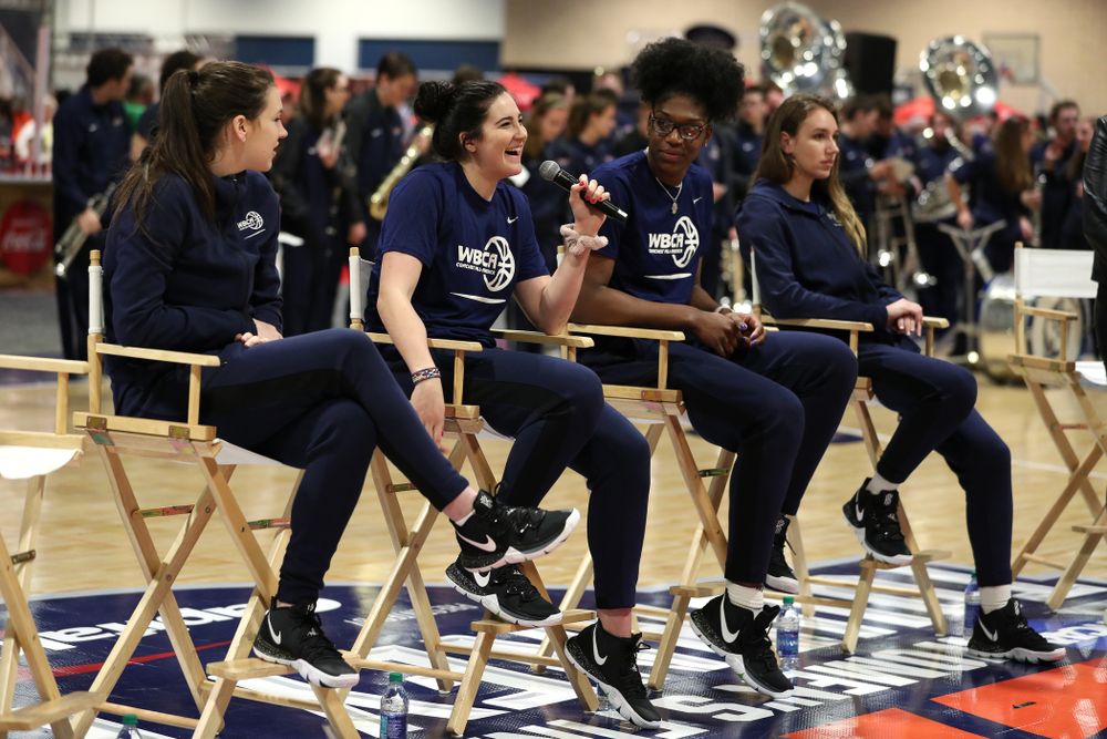 Iowa Hawkeyes forward Megan Gustafson (10) participates in a panel discussion with the other WBCA All Americans at the Tourney Town Fan Fest Friday, April 5, 2019 at the Tampa Convention Center in Tampa, FL. (Brian Ray/hawkeyesports.com)