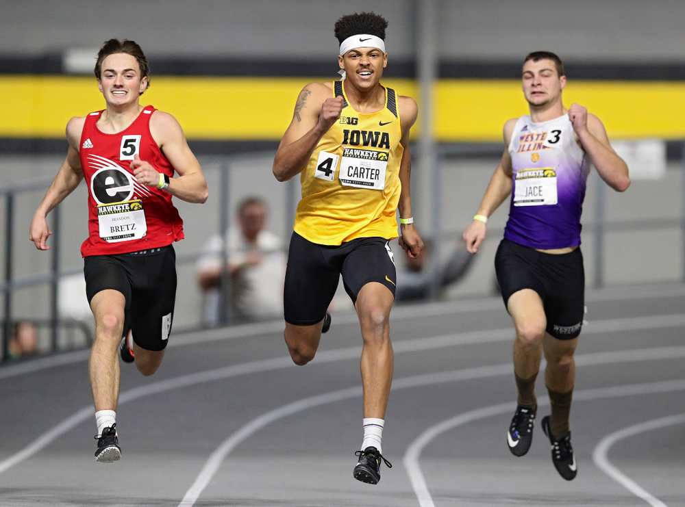 Iowa’s James Carter runs the men’s 200 meter dash event during the Hawkeye Invitational at the Recreation Building in Iowa City on Saturday, January 11, 2020. (Stephen Mally/hawkeyesports.com)