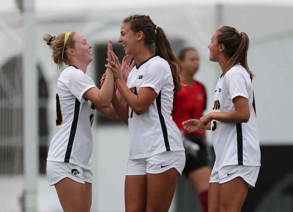 Iowa Hawkeyes defender Hannah Drkulec (17) celebrates after scoring during a 6-1 win over Northern Iowa Sunday, August 25, 2019 at the Iowa Soccer Complex. (Brian Ray/hawkeyesports.com)