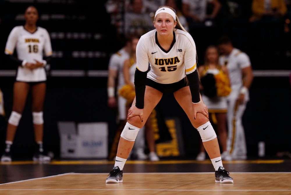 Iowa Hawkeyes defensive specialist Maddie Slagle (15) against the Michigan State Spartans Friday, September 21, 2018 at Carver-Hawkeye Arena. (Brian Ray/hawkeyesports.com)