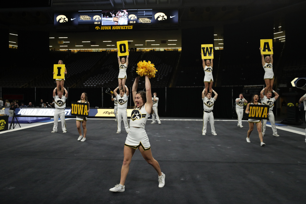 The Iowa Cheerleaders perform before the Iowa Women's Gymnastics meet against Southeast Missouri State Friday, January 11, 2019 at Carver-Hawkeye Arena. (Brian Ray/hawkeyesports.com)