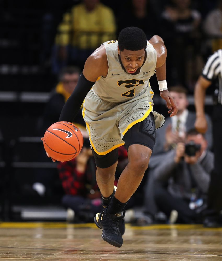 Iowa Hawkeyes guard Isaiah Moss (4) against the Nebraska Cornhuskers Sunday, January 6, 2019 at Carver-Hawkeye Arena. (Brian Ray/hawkeyesports.com)