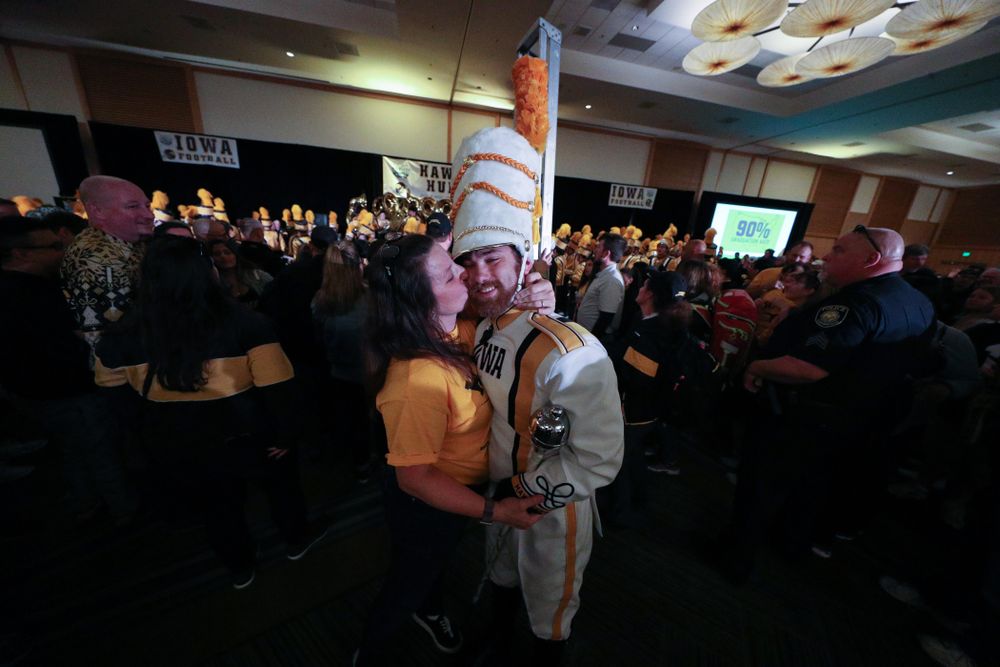 The Hawkeye Marching Band and the Iowa Spirit Squads perform during the Holiday Bowl Hawkeye Huddle Thursday, December 26, 2019 at the Hilton in downtown San Diego. (Brian Ray/hawkeyesports.com)