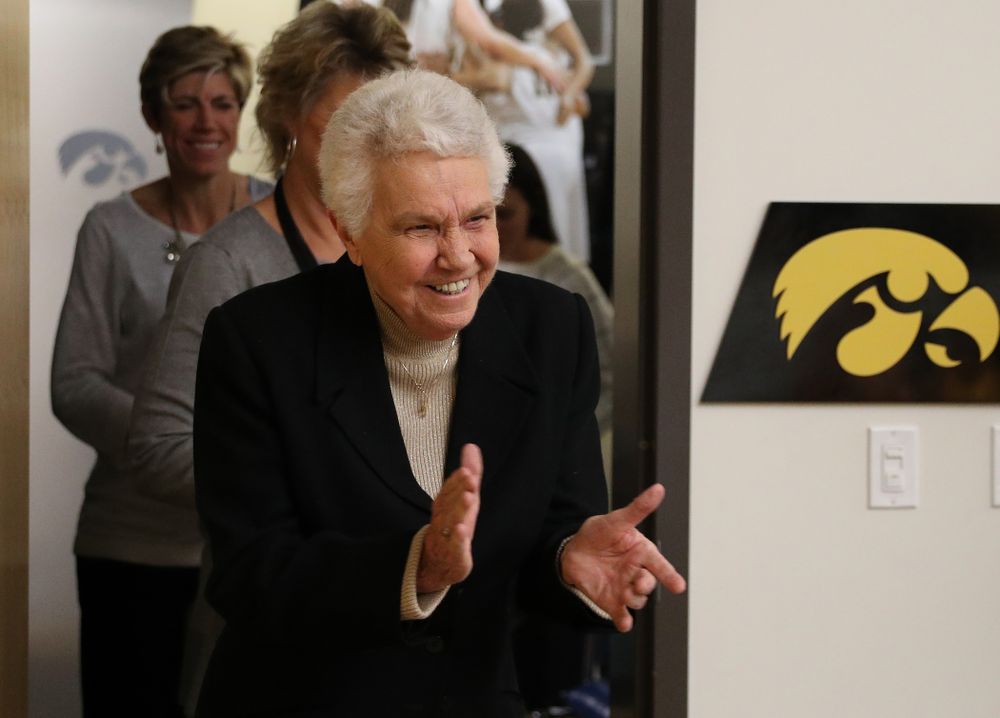 Former University of Iowa Director of Intercollegiate Athletics for Women Dr. Christine Grant addresses the team following their game against the Robert Morris Colonials Sunday, December 2, 2018 at Carver-Hawkeye Arena. (Photo by Brian Ray)