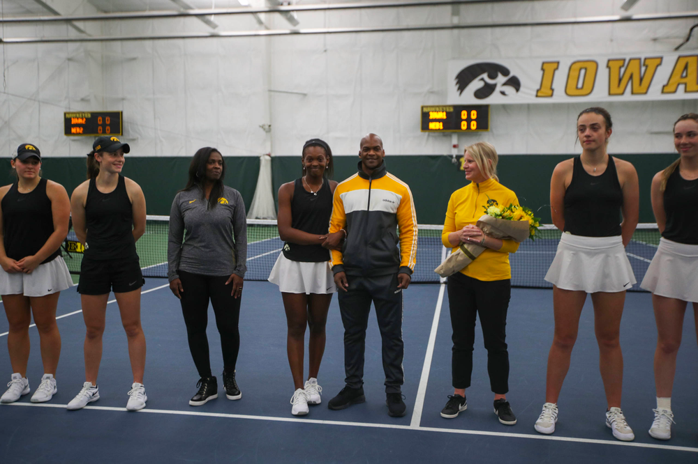 IowaÕs Adorabol Huckleby at womenÕs tennis senior day vs Nebraska on Saturday, April 13, 2019 at the Hawkeye Tennis and Recreation Complex. (Lily Smith/hawkeyesports.com)