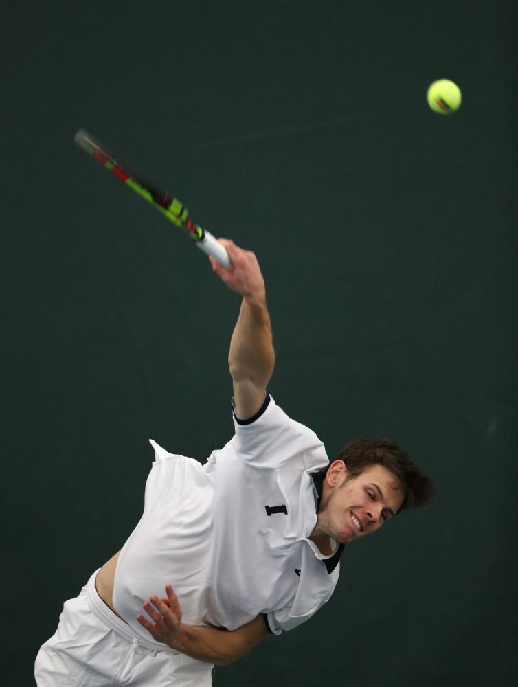 Iowa's Piotr Smietana against North Dakota Friday, January 25, 2019 at the Hawkeye Tennis and Recreation Complex. (Brian Ray/hawkeyesports.com)