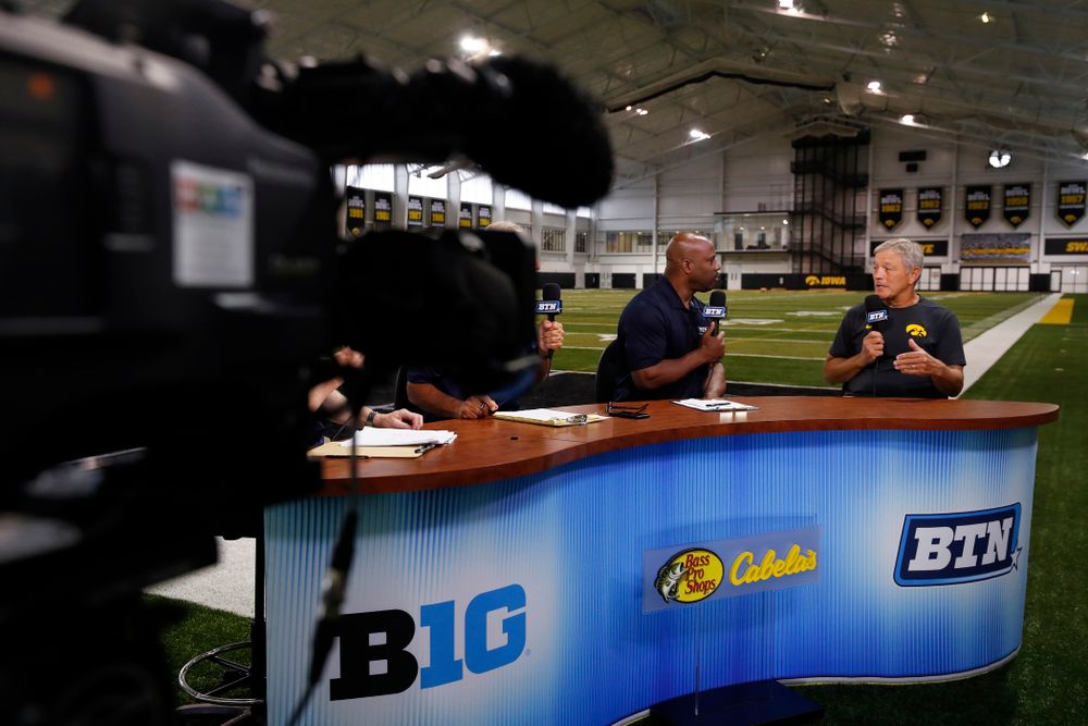 Iowa Hawkeyes head coach Kirk Ferentz on the Big Ten Network set Monday, August 20, 2018 at the Hansen Football Performance Center. (Brian Ray/hawkeyesports.com)